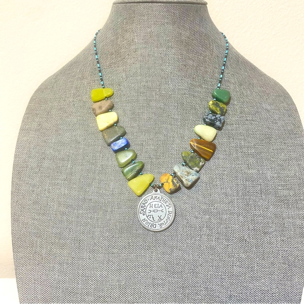 Bead Necklace with Stones and a Coin. Brand Unknown. Excellent Condition.